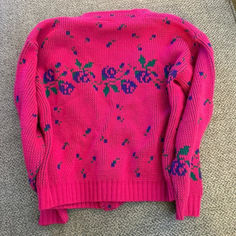 Vintage Kids 70's Pink Floral Rose‎ Knit Cardigan V-Neck Button Front Sweater